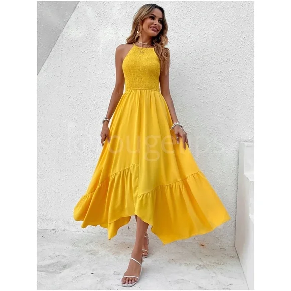 Shirred Cami Yellow Flared Maxi Long Dress Asymmetrical Hem - Picture 7 of 14